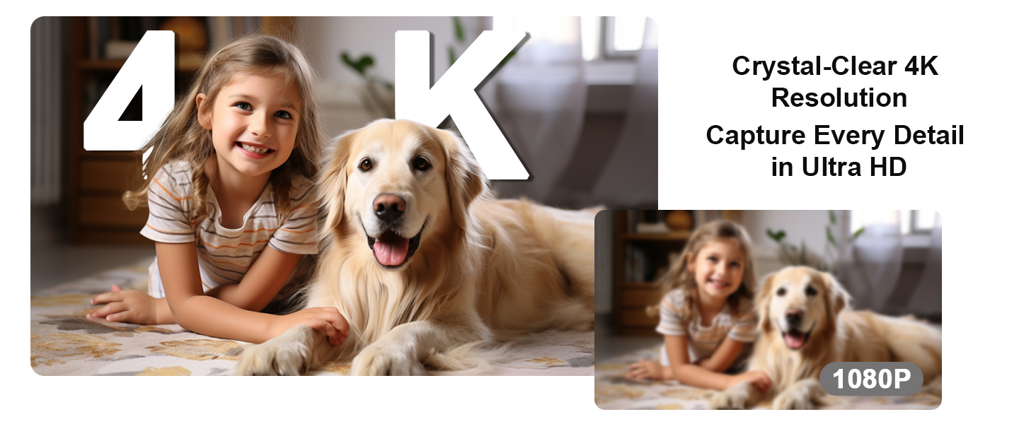 Comparison of video quality settings showing 'Crystal-Clear 4K Resolution' text overlay with 1080p and Ultra HD demonstrations.