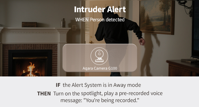 Text reads 'Intruder Alert' followed by safety instruction: 'IF the Alert System is in Away mode, THEN turn on the bedlights, play a pre-recorded voice message...' Shows home security interface.