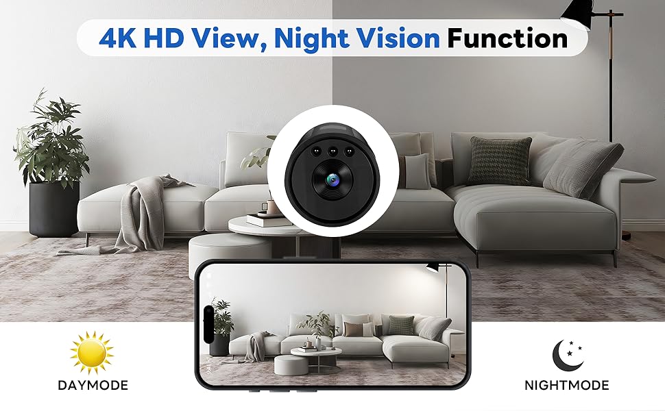 Text reads '4K HD View, Night Vision Function'. Multiple panels showing security camera views, featuring day and night mode displays with interface icons for daylight and night mode.