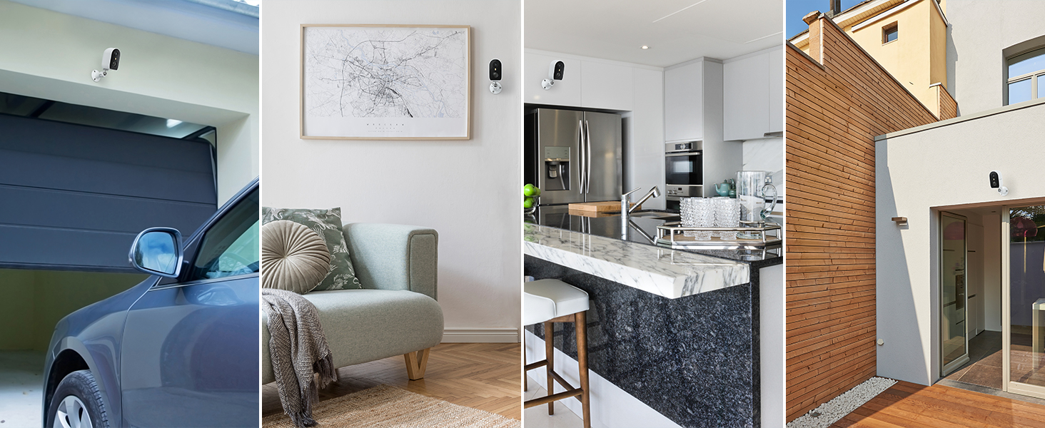 Collection of interior shots showing modern kitchen and living spaces with white cabinetry and contemporary furnishings.