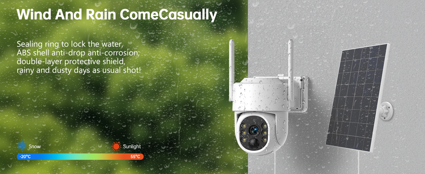 Text reads 'Wind And Rain ComesCasually'. Outdoor security camera with solar panel mount shown against green foliage background.