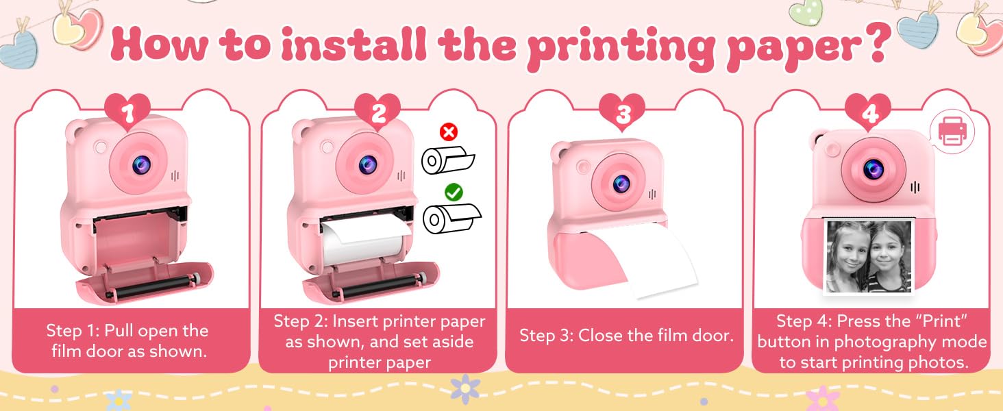 Text reads: 'EASY TO CARRY--PERFECT SIZE FOR KIDS'. Pink children's camera product display with specifications and feature icons.