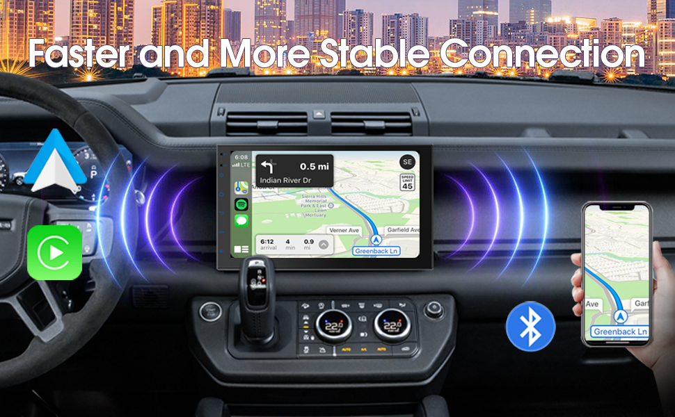 Car dashboard display showing navigation interface with Bluetooth connectivity and mapping features highlighted.