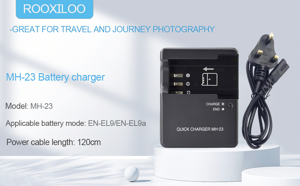 Text reads: 'POOYI.OO GREAT FOR TRAVEL AND JOURNEY PHOTOGRAPHY' 'Model AH-3' 'Applicable battery model: EN-EL15/EL15a/b'. Black camera battery charger with USB cable shown.