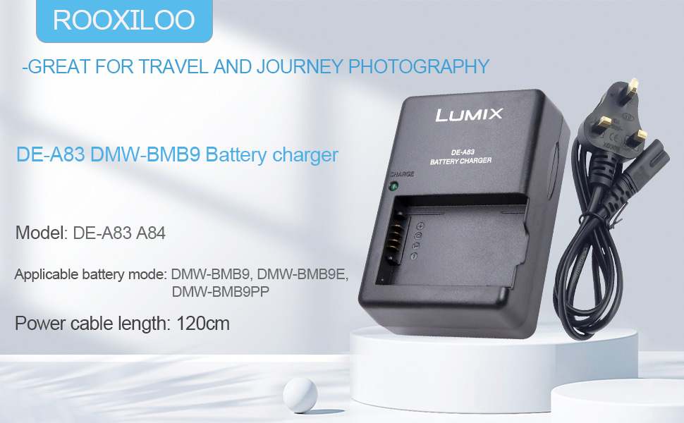 Text reads: 'ROOKXLOO' 'GREAT FOR TRAVEL AND 4K/8K PHOTOGRAPHY'. Product images showing camera battery charger with technical specifications and connection ports.