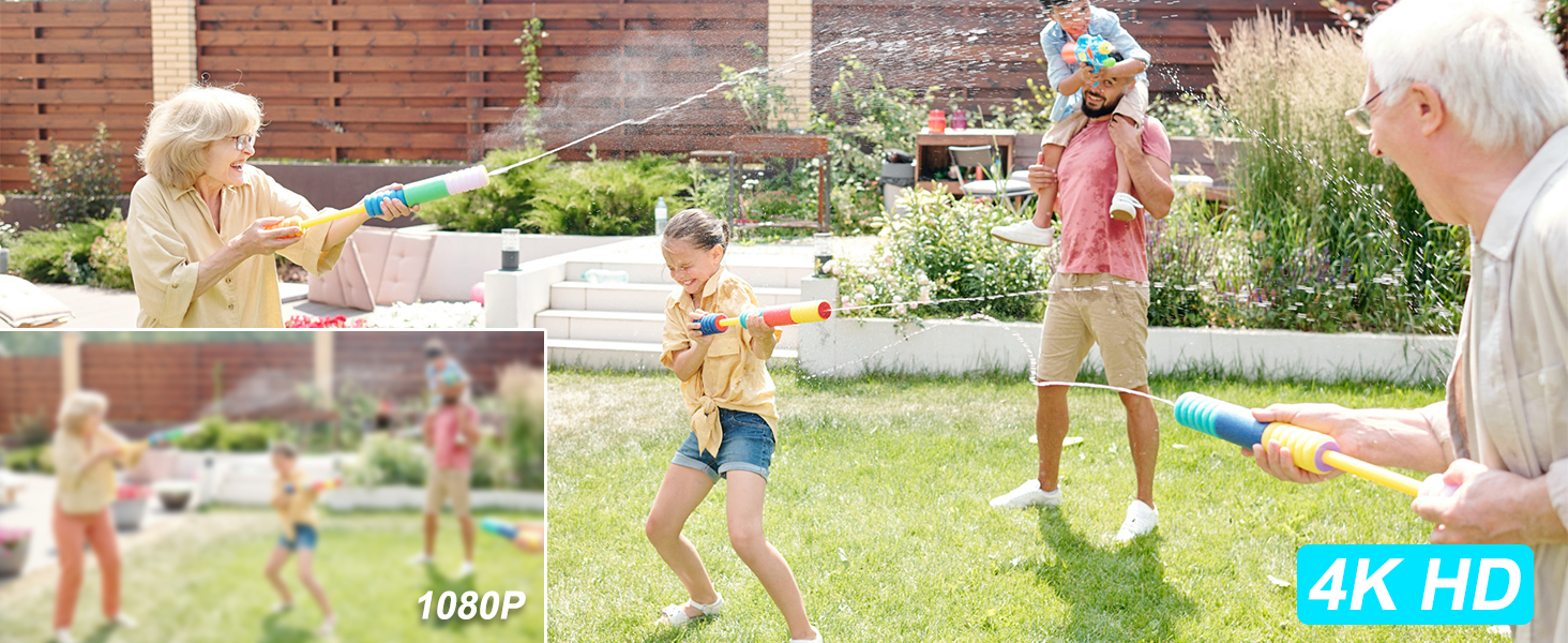 Text reads '4K HD'. Outdoor sequence showing water play activities in a backyard garden setting with water guns and sprinklers.