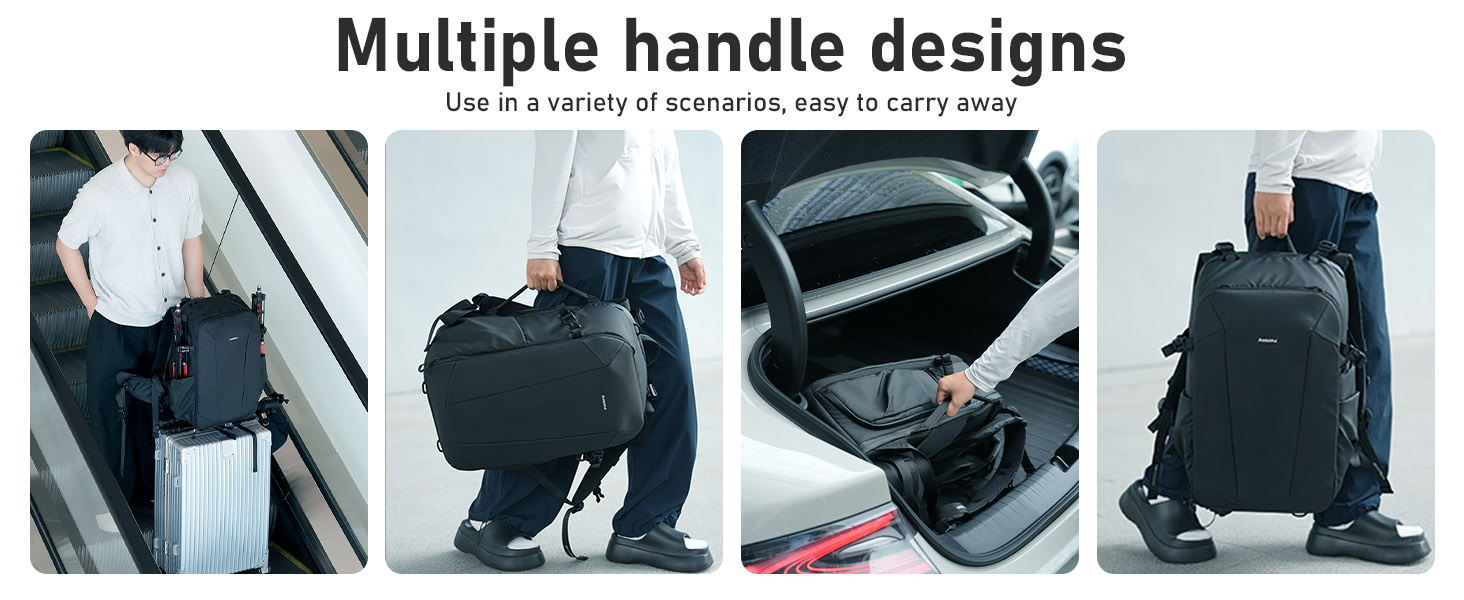 Text reads 'Multiple handle designs'. Four photos showing black backpack from different angles demonstrating various carry positions and handle configurations.