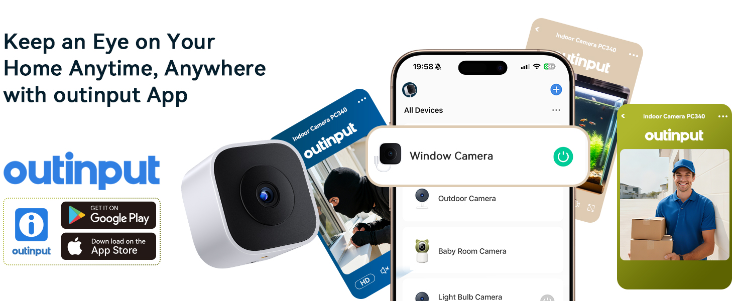 Text reads 'Keep an Eye on Your Home Anytime, Anywhere'. Multiple app interface screenshots showing security camera views and mobile device controls for home monitoring system.