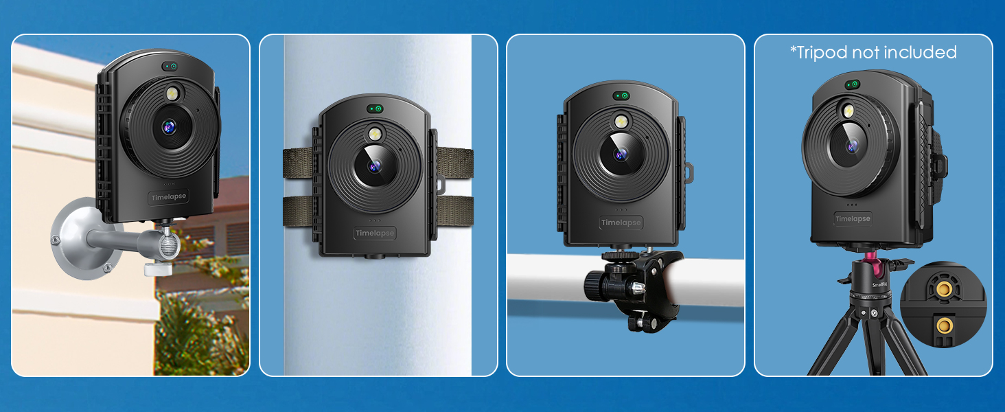 Four-panel demonstration of a black camera mount showing different mounting positions and configurations against blue backgrounds.
