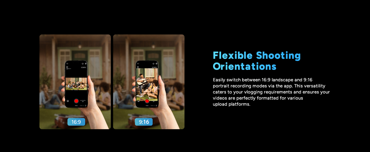 Text reads 'Flexible Shooting Orientations'. Dark images showing camera or video recording scenarios in different room settings with blue text overlay.