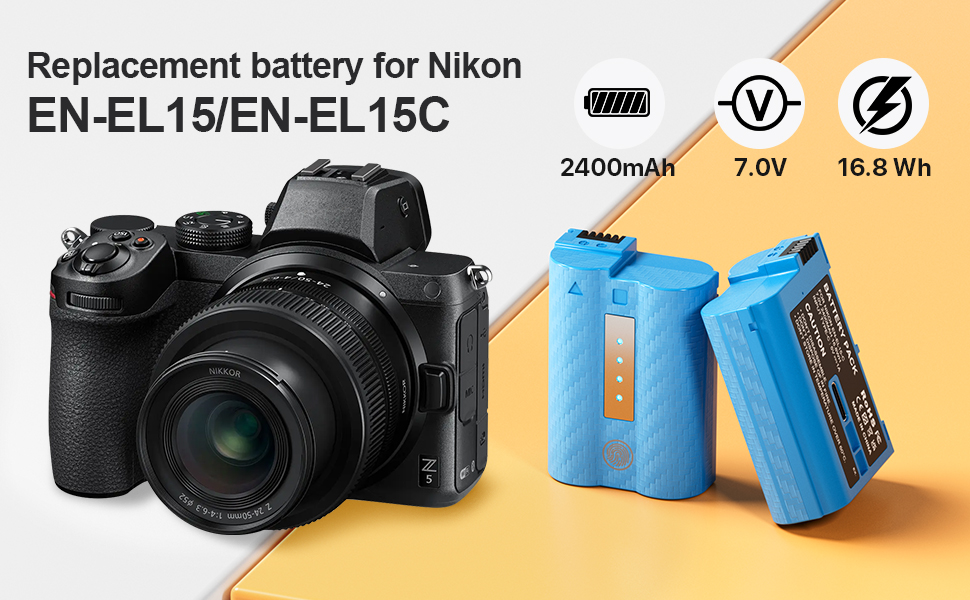 Text reads 'Replacement battery for Nikon EN-EL15/EN-EL15B, 3400mAh 7.0V 16.8 Wh'. Images show DSLR camera and blue replacement battery packs.