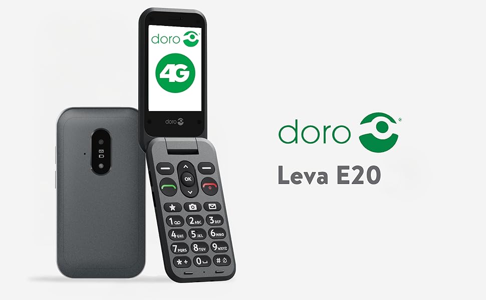 Text reads 'Image 3', 'doro', 'Leva E20'. Gray flip phone with large buttons shown alongside its interface screen display with doro logo.