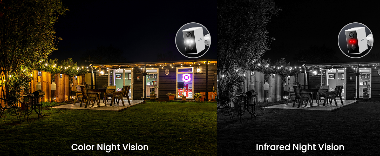 Text reads 'Color Night Vision' and 'Infrared Night Vision'. Split image comparing night vision technologies - left shows colorized view, right shows traditional black and white view of same outdoor scene.