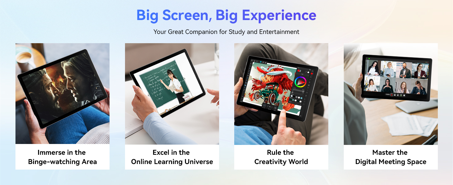 Text reads: 'Big Screen, Big Experience'. Multiple panels showing tablet device usage scenarios including video watching, gaming, and digital note-taking.