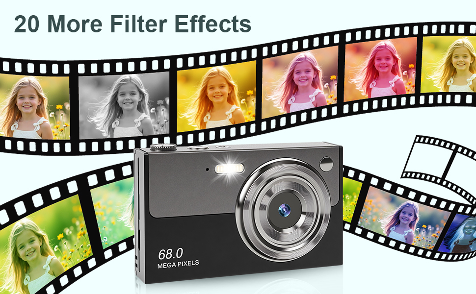 Four-panel feature demonstration showing camera capabilities: anti-shake, LED fill light, self timer, and webcam functionality displayed with example photos.