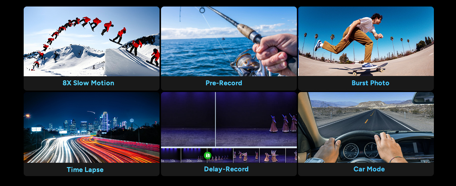 Composite of six action sports photos showing skiing, surfing, and skateboarding scenes with a blue waveform graph at bottom.