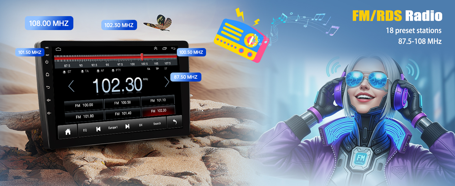 Car stereo display showing FM radio tuned to 102.30. Adjacent image shows person wearing headphones, emphasizing FM/RDS radio feature with frequency range 87.5-108 MHz.