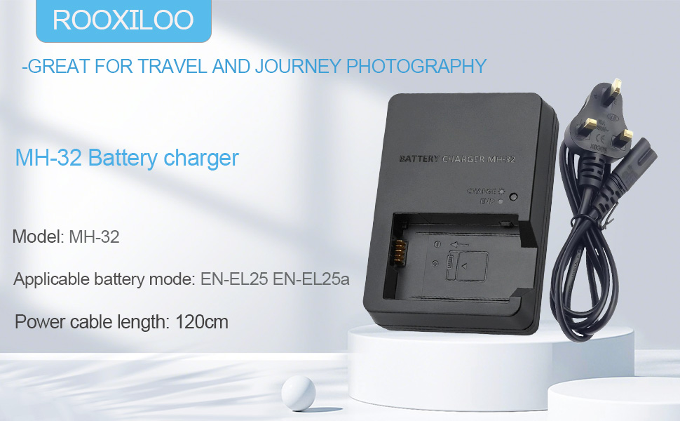 Text reads 'ROOXLOO' and 'GREAT FOR TRAVEL AND IN-FLIGHT PHOTOGRAPHY'. Product images showing a black electronic device and power cable.