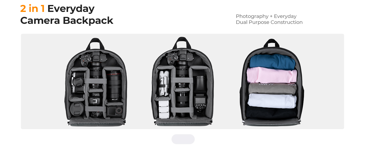 Text reads '2 in 1 Everyday Camera Backpack'. Product showcase of a black camera backpack shown from multiple angles displaying internal compartments.