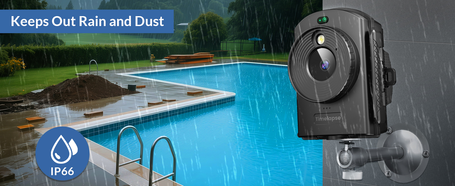 Black oscillating misting fan positioned near a swimming pool, designed for outdoor cooling and dust control.