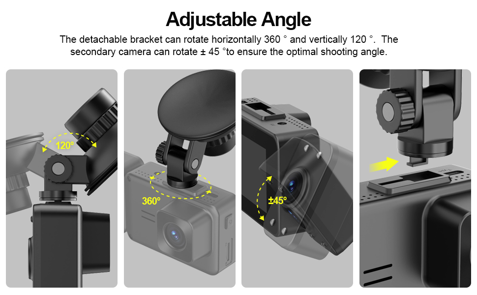 Text reads 'Easy Installation' with sequence of installation steps showing car dashboard camera mounting process with adhesive pad.