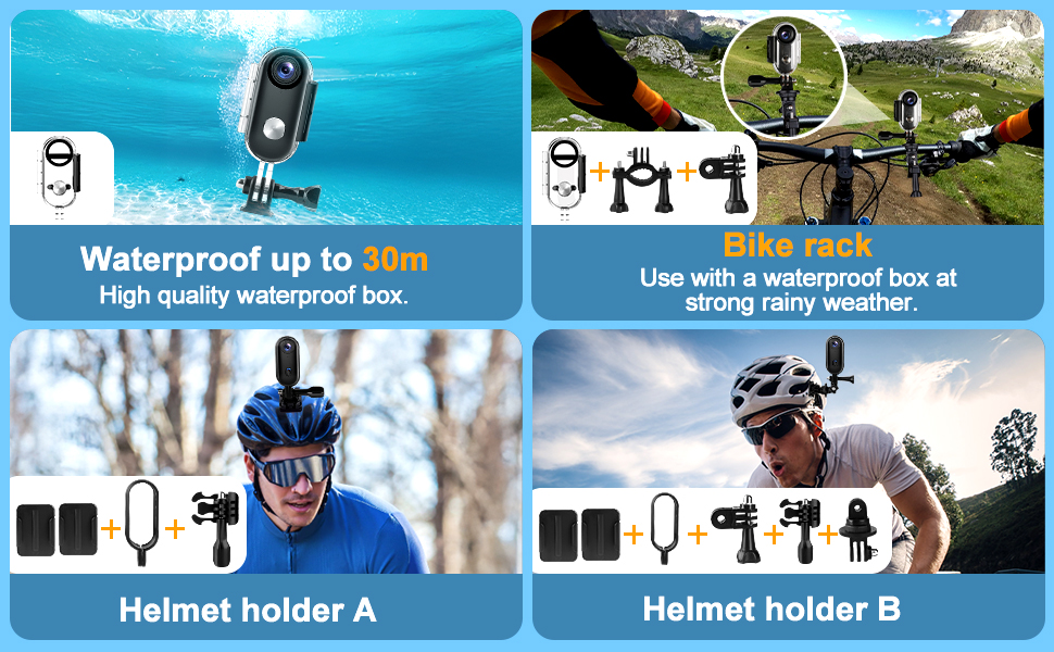 Text reads 'SIMPLE DESIGN, MOUNT ANYWHERE' and '360° Degree clip'. Split image showing mounting device usage on sunglasses and during outdoor activities.