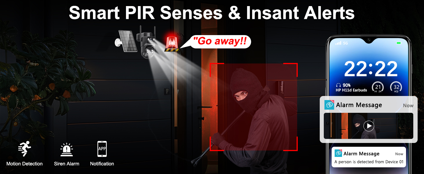 Text reads 'Smart PIR Senses & Instant Alerts' '22:22'. Mobile app interface showing security camera alerts and monitoring features with timestamp.
