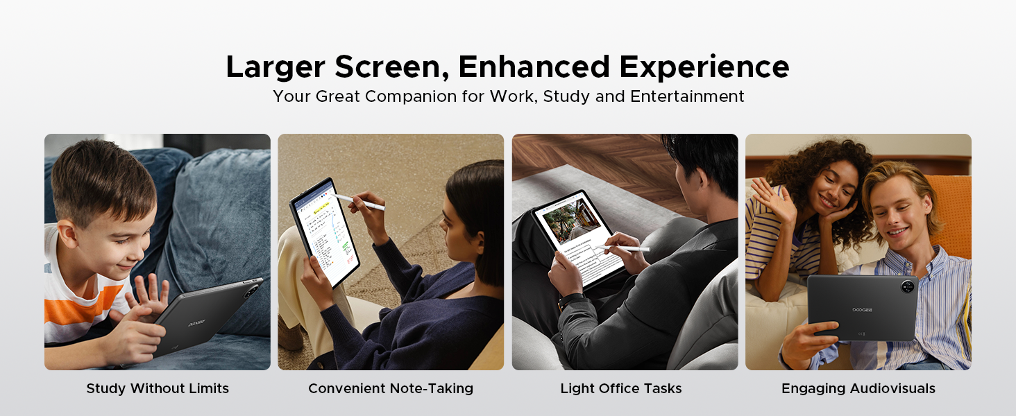 Four-panel promotional image showing device usage scenarios: studying, note-taking, reading, and entertainment, with text 'Larger Screen, Enhanced Experience' above.