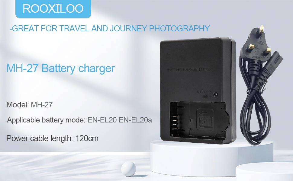 Text reads 'Model VH27, Applicable battery model: EN-EL15, Power cable length: 120cm.' Multiple views of a black camera battery charger with USB connection and technical specifications.