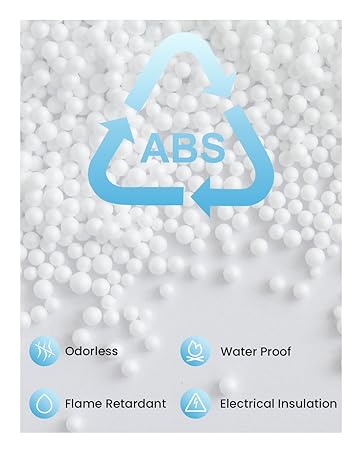 Technical diagram showing ABS recycling symbol with white pellets background. Four properties listed: Odorless, Water Proof, Flame Retardant, and Electrical Insulation.