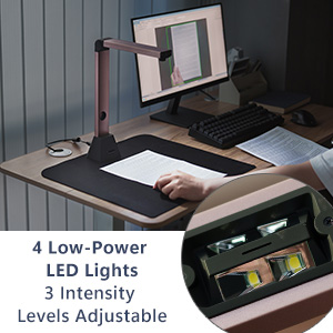 Text reads '4 Low-Power LED Lights, 3 Intensity Levels Adjustable'. Desktop setup showing a monitor with keyboard and LED light device.