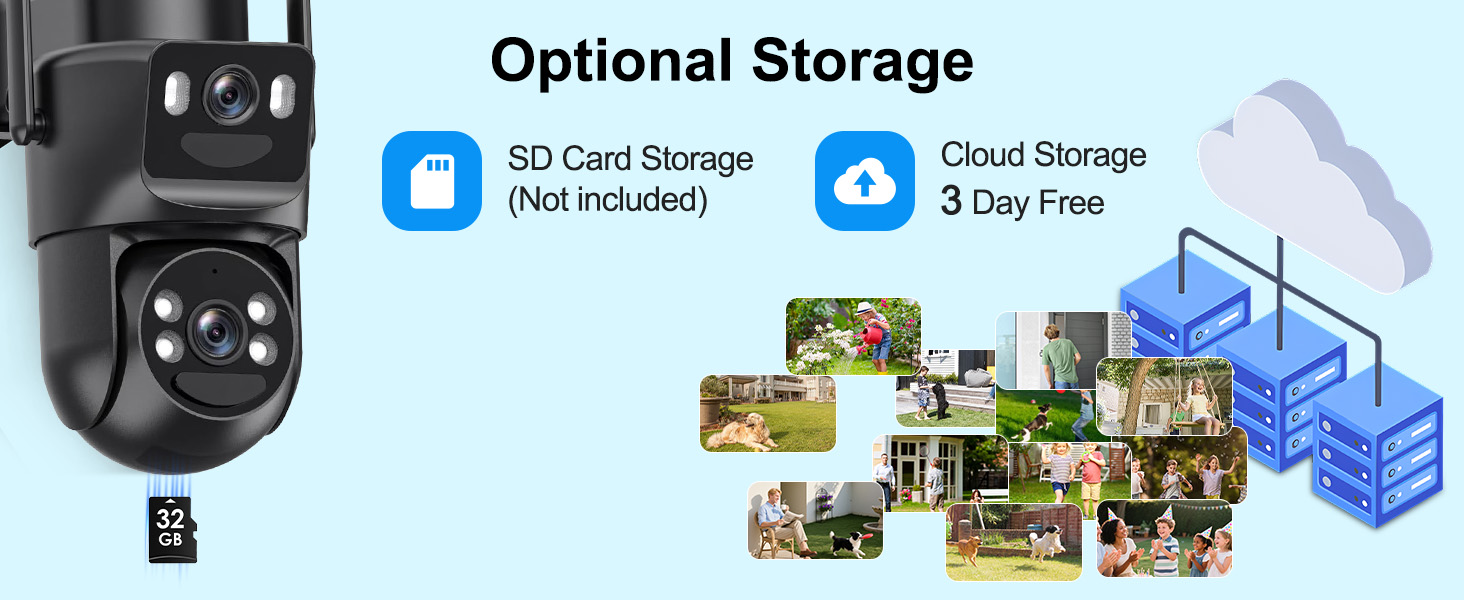 Text reads 'Optional Storage, 3D Card Storage (Not included), Cloud Storage, 5 Day Free'. Diagram showing security camera system with storage options represented by icons and product images.
