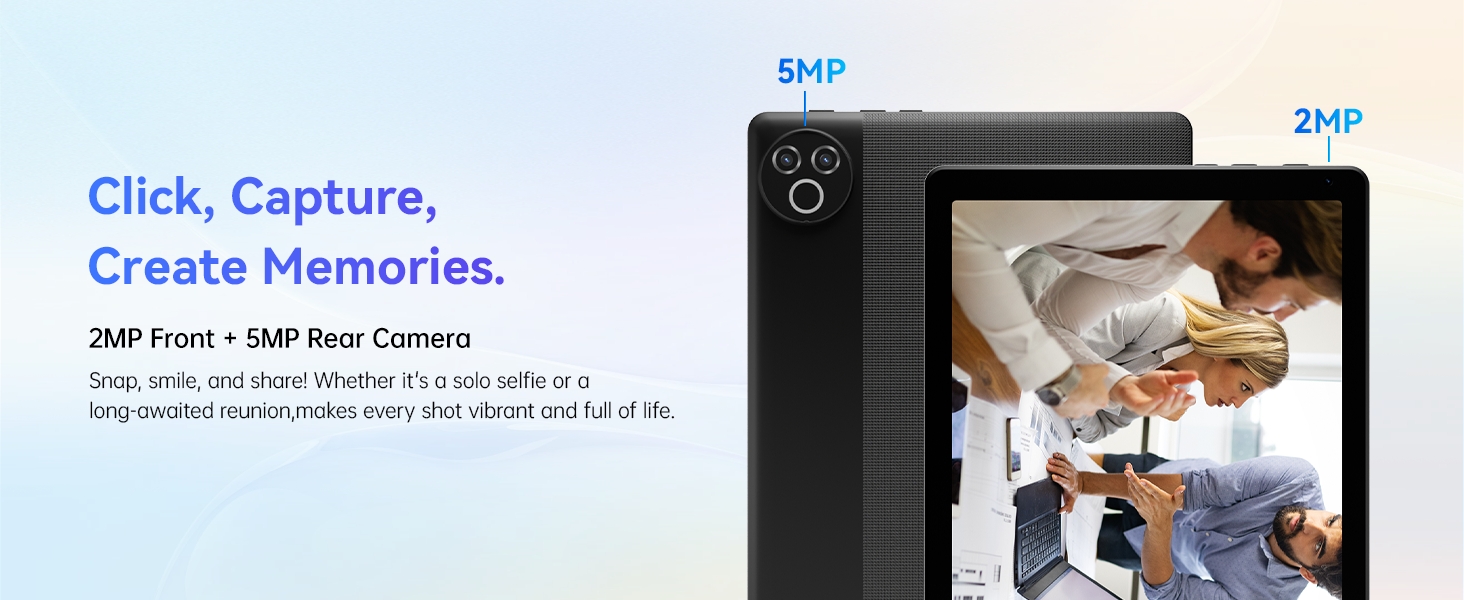 Text reads 'Click, Capture, Create Memories'. Technical interface showing camera settings and control panels with numeric indicators.