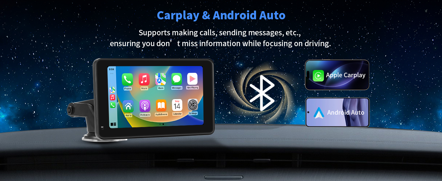 Text reads 'Carplay & Android Auto' with 'Supports making calls, sending messages, etc., ensuring you don't miss information while focusing on driving.' Shows car display interface with app icons and Bluetooth symbol.
