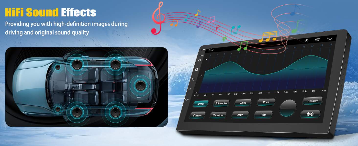 Promotional image for HiFi Sound Effects feature, showing a car audio system diagram and a tablet displaying an audio equalizer interface with wave patterns.