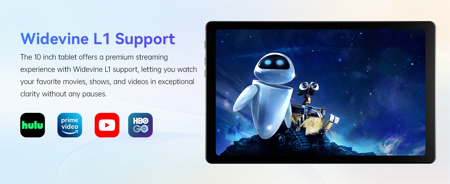 Text reads 'Widevine L1 Support'. Banner shows streaming service logos and a blue animated character against a starry background.