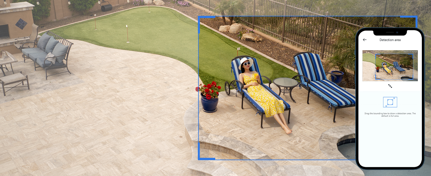 Split view showing outdoor patio furniture and a phone screen. Patio area features lounge chairs and yellow slide on sandy ground. Phone displays interface related to the outdoor space.