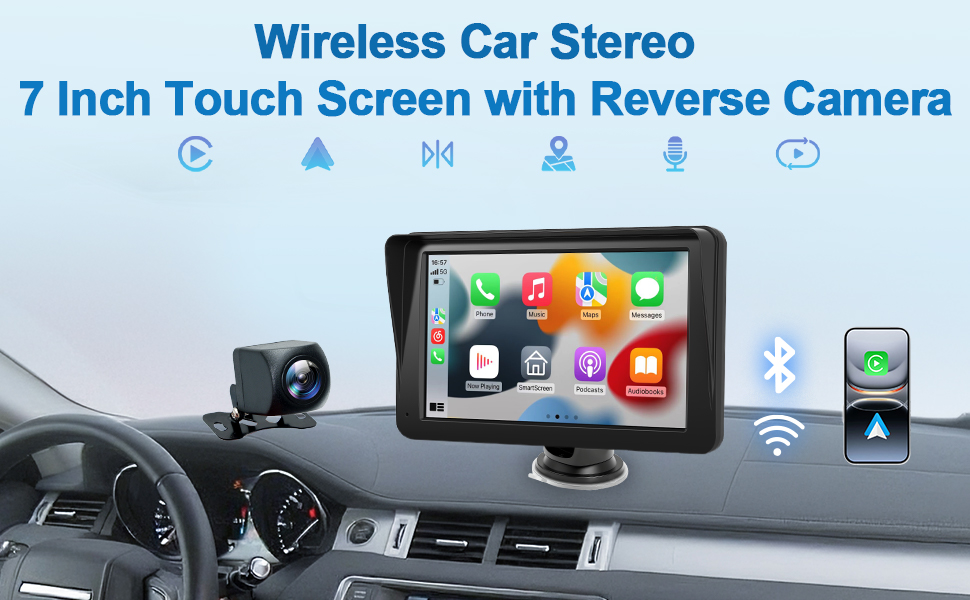 Text reads 'Wireless Car Stereo 7 Inch Touch Screen with Reverse Camera'. Multiple views of a car stereo head unit with touchscreen display, showing interface and installation views.