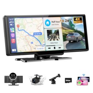 10.26" Car Tablet Pro Max 2025: Wireless Carplay Screen for Car with 4K Front and 1080P Rear Camera