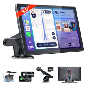 9'' HD Portable Carplay Screen for Car with 4K Dash Cam & 1080P Backup Camera DVR