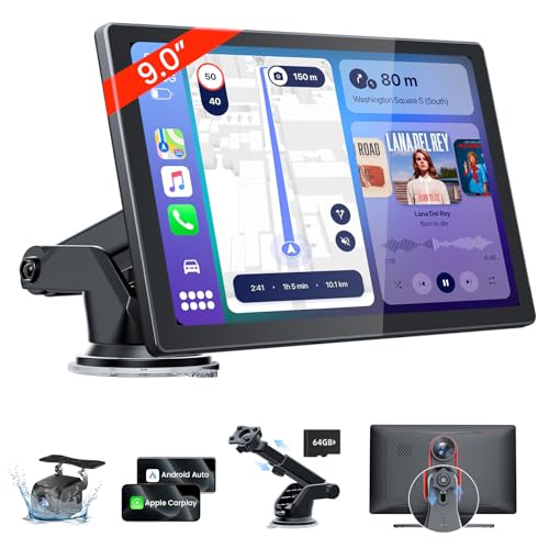 9'' HD Portable Carplay Screen for Car with 4K Dash Cam & 1080P Backup Camera DVR