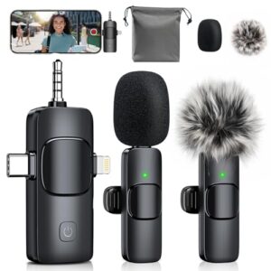 MENERESAS Mini Microphone for iPhone/Android: 3-in-1 Wireless Lavalier Microphone with Noise Reduction and Crystal Sound for Camera