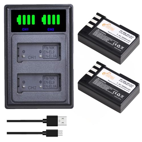 Pickle Power 2Pcs 2000mAh EN-EL9a EN-EL9 Battery and Dual Charger for Nikon D60