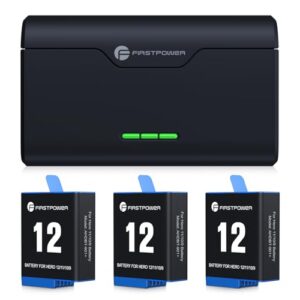 FirstPower Go Pro Hero 12/11/10/9 Battery 3-Pack 2250mAh and Triple Slot USB Fast Charger Fully Compatible with GoPro Hero 12