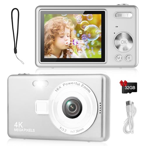 Digital Camera - 1080P FHD 44MP with 2.4" LCD Screen Compact Portable Vlogging Photo Camera with 32gb SD Card 16X Digital Zoom for Kids Teen Students Beginner (Upgrade Silver)