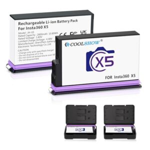 COOLSHOW 360 X5 Battery 2800mAh 2 Packs with Protection Case Cold Weather Suitable Compatible with Insta360 X5 Camera(2 Battery)