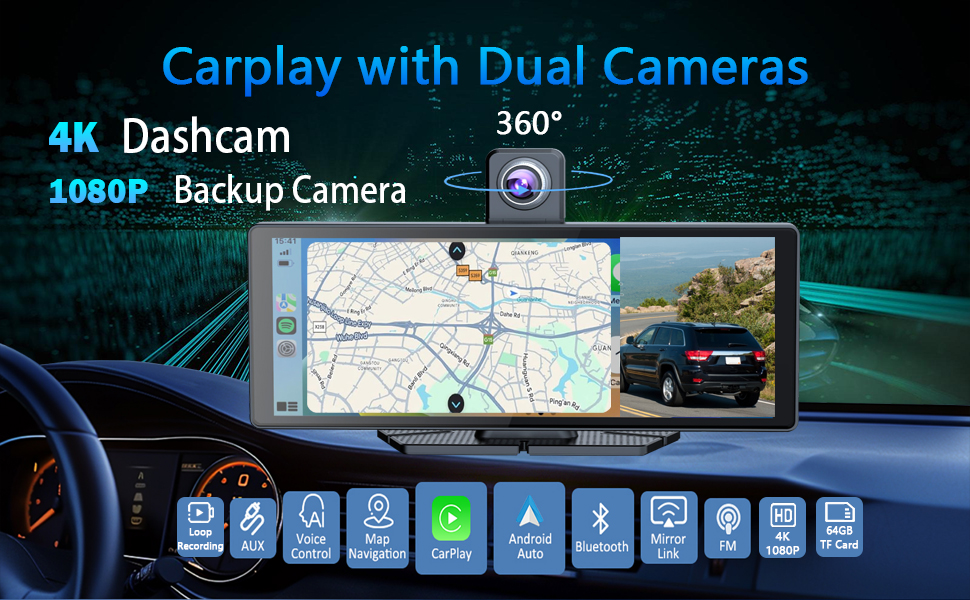 'Carplay with Dual Cameras' display showing 4K dashcam interface with navigation map and backup camera features.