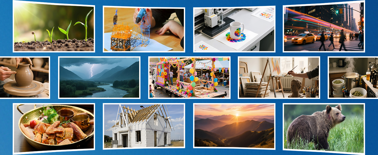Grid layout of various photography images including landscapes, wildlife, food, and architecture arranged in blue-bordered frames.
