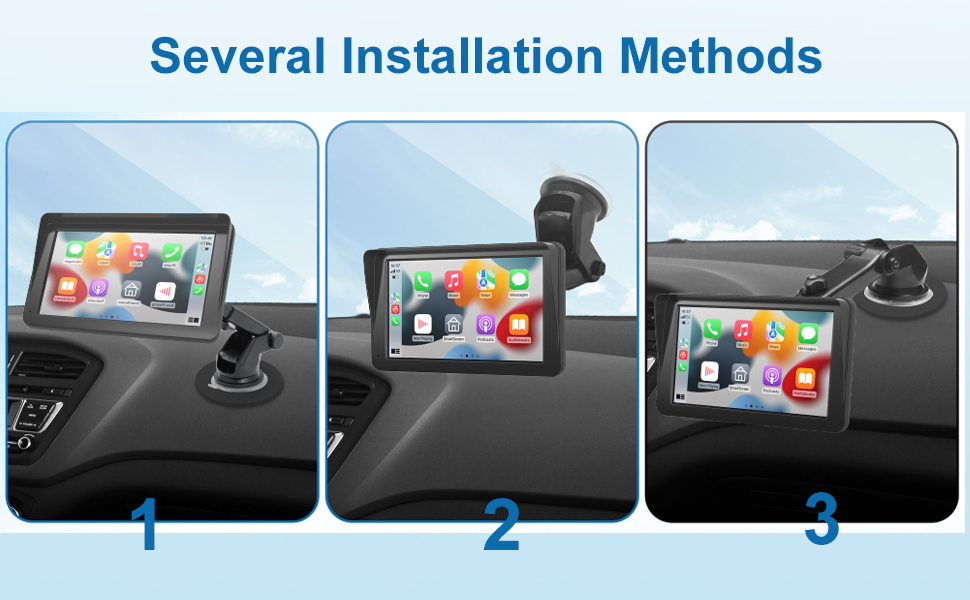 Text reads 'Easy to Install'. Product installation guide showing car mount with suction cup base and multiple positioning options through various panels.