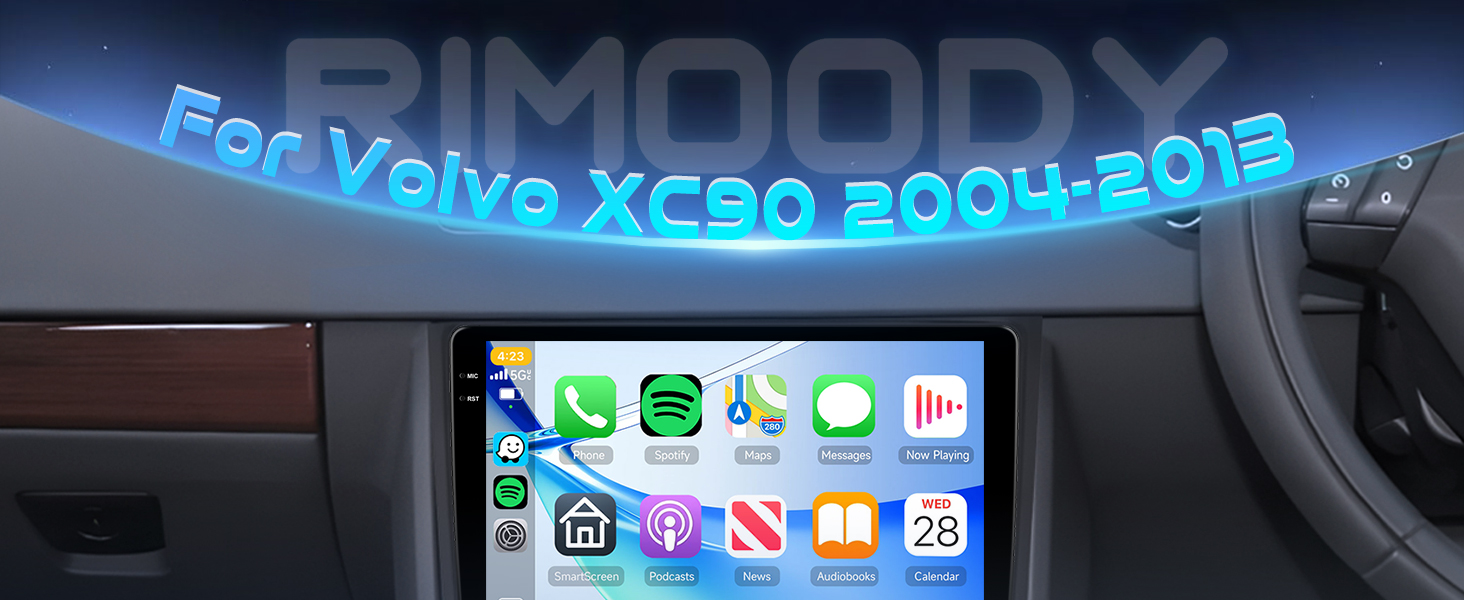 Text reads 'RIMOODY'. Digital interface showing an automotive dashboard display with various icons and menu options.
